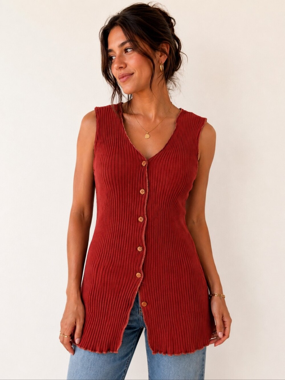 JARAMA Vintage 90s Ribbed Knit Button Front Longline Top Rust Red Large